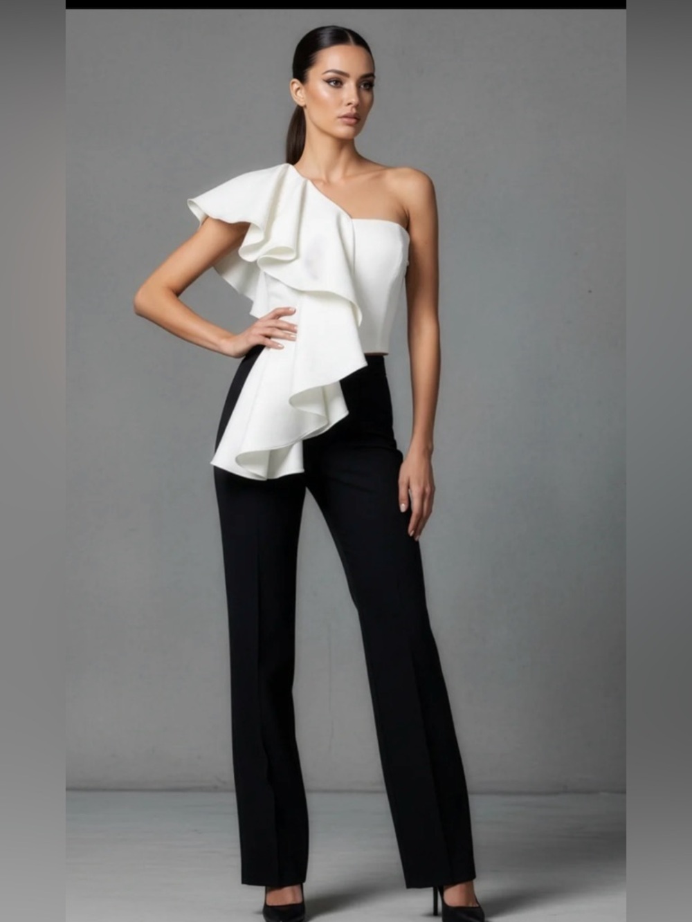 AMUR White One-Shoulder Ruffle Top - Picture 3 of 4